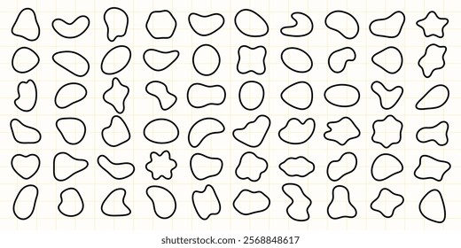 A grid of abstract shapes in black outlines on a light background. Abstract shapes vary in size and form, creating a dynamic pattern of abstract shapes. Black shape vector set.