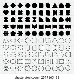 Grid of abstract shapes in black and white. Various geometric forms repeat in patterns. Shapes include circles, squares, and triangles in different styles. Black shapes, vector element set.