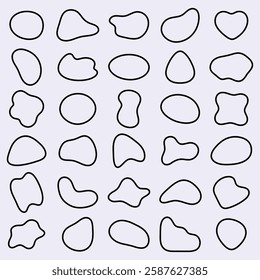 Grid of abstract shapes, featuring irregular, organic outlines. Abstract shapes in various forms, emphasizing organic, irregular patterns in a grid layout. Black shape vector set.