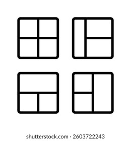 Grid alignment icons and layout alignment symbols in vector format. Includes horizontal and vertical grids, alignment tools, and page layout grid design elements.