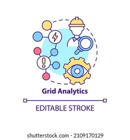 Grid analytics concept icon. Energy system control and problem prevention abstract idea thin line illustration. Isolated outline drawing. Editable stroke. Roboto-Medium, Myriad Pro-Bold fonts used