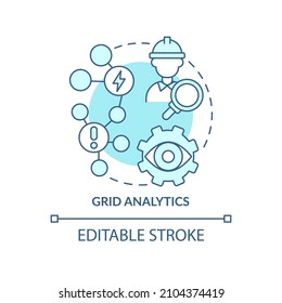 Grid analytics turquoise concept icon. Energy system damage prevention abstract idea thin line illustration. Isolated outline drawing. Editable stroke. Roboto-Medium, Myriad Pro-Bold fonts used
