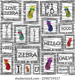 grid animal print seamless pattern with quotes and illustrated zebra