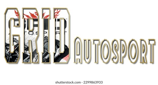 Tipo de letra GRID AUTOSPORT, GAMES MOBILE, alfabeto de bombilla 3d con marco dorado aislado en fondo blanco. fuente de goteo lustroso dorado. Ilustración vectorial.