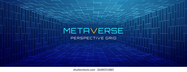 Fundo da grade em metaverso 3D com espaço VR e tecnologia de linha digital. A estrutura de arame e o túnel criam um projeto virtual. Perspectiva do cubo futurista na arquitetura cibernética.