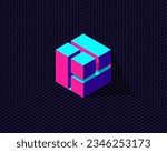 grid background with 3d neon isometric hexagon cube transformation to interconnected puzzle box