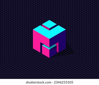 grid background with 3d neon isometric hexagon cube transformation to initial letter M W I O