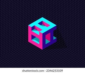 grid background with 3d neon isometric hexagon cube transformation to monogram anagram initial letter A