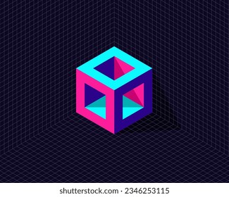 grid background with 3d neon isometric hexagon cube transformation to box frame structure