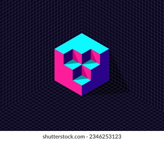 grid background with 3d neon isometric hexagon cube transformation to unique shape cut fill taken apart