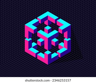 Gitterhintergrund mit 3D-Neon-isometrischer Hexagon-Umwandlung in unmögliche Form