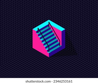 grid background with 3d neon isometric hexagon cube transformation to stairs building
