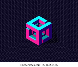 grid background with 3d neon isometric hexagon cube transformation to anagram initial letter S P O C