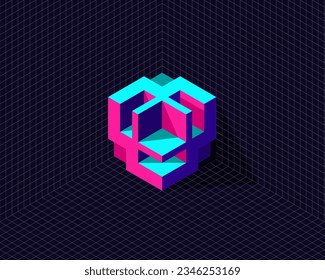 grid background with 3d neon isometric hexagon cube transformation to unique shape cut fill taken apart