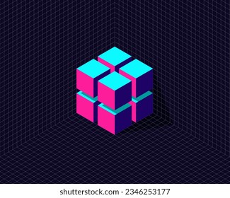 grid background with 3d neon isometric hexagon cube transformation to interconnected puzzle box