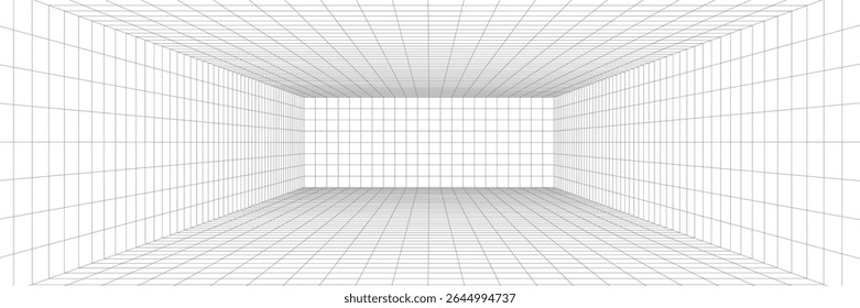 Grid background 3D room with line patterns and spatial wireframe design. Cube and box elements shape a black digital game space. Vector dimension with futuristic texture.