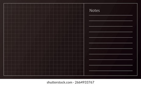 Gitterhintergrund mit Linien-Blaupause, schwarzes Vektor-Tech-Sheet. Gitterhintergrund links mit Notizenfeld für digitales Projekt, Dashboard oder zukünftige UI-Struktur.