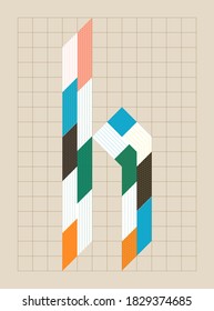 Grid based lettering design lowercase h, black letter with pattern and vibrant color palette. monogram, capital, gift, name tag, font design, typography, type, graphic element, logo, branding, visual.