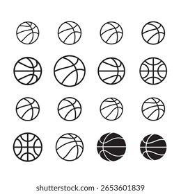 A grid of basketball icons with different line styles and perspectives, some filled in, against a white background.