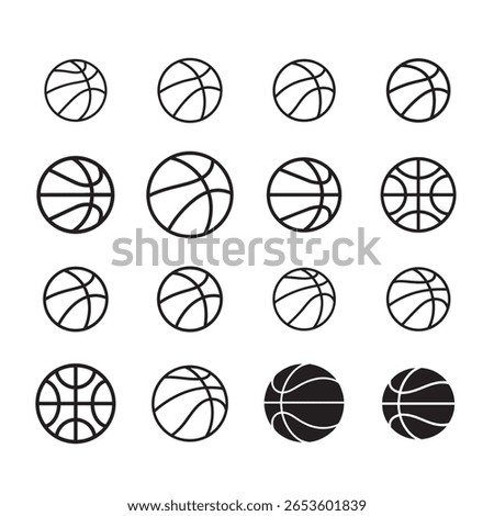A grid of basketball icons with different line styles and perspectives, some filled in, against a white background.