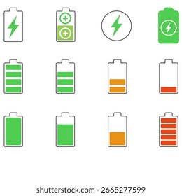 Grade de ícones de bateria em vários níveis de carga com indicadores de raio, estados de preenchimento coloridos de verde a vermelho, conceito de carregamento de energia