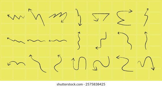 A grid of black arrows on a yellow background. Various arrow designs, zigzag and curved. Arrows pointing in different directions, on a yellow grid. Element vector set.