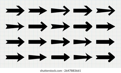 Una cuadrícula de flechas negras que apuntan a la derecha, mostradas en cuatro filas sobre un fondo de cuadrícula claro. Cada flecha es audaz y de estilo uniforme, enfatizando la dirección y el movimiento. Conjunto de Vectores de elemento.