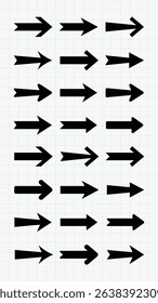 Grid of black arrows pointing in various directions on a light background. Arrows in rows, arrows in columns, arrows pointing left, right, up, and down. Element vector set.