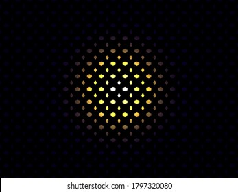 Grid black background circle glows. Light through holes in the mesh. Yellow light and black background. Vector illustration