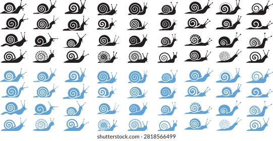 A grid of black and blue snail silhouettes is displayed against a white background. The snails are depicted in profile, crawling, with their shells in various spiral and some with detailed patterns. They prominent antennae. The collection showcases multiple variations of the snail form in two distinct color palettes.