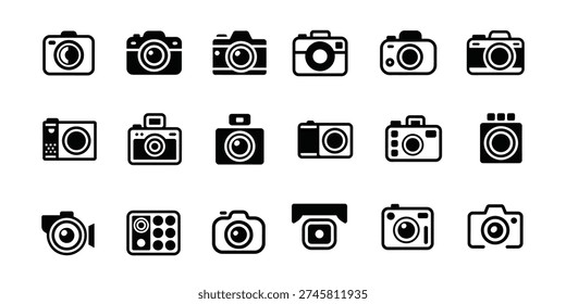 A grid of black camera icons on a white background. The collection showcases a variety of camera styles, including vintage film cameras, modern digital cameras, compact point-and-shoot models, and even a security camera. Each icon is a simple silhouette, highlighting the distinct shapes and features of different camera types. This set is perfect for photography-related designs and technology themes.