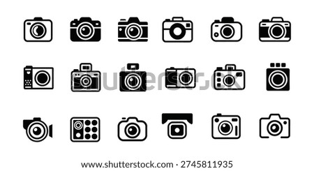 A grid of black camera icons on a white background. The collection showcases a variety of camera styles, including vintage film cameras, modern digital cameras, compact point-and-shoot models, and even a security camera. Each icon is a simple silhouette, highlighting the distinct shapes and features of different camera types. This set is perfect for photography-related designs and technology themes.