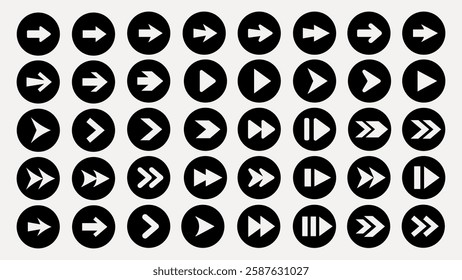 A grid of black circular icons featuring various arrow designs. Arrows point in different directions, including right, left, and forward. Simple arrow symbols. Element vector set.