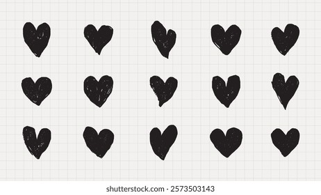 Grid of black heart illustrations on white background. Hand-drawn hearts in a pattern. Artistic hearts create a simple, charming design. Heart motifs repeated. Hand drawn Valentine's Day vector set.