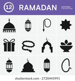 Una cuadrícula de iconos negros que representan el Ramadán, incluyendo mezquitas, faroles, cuentas de oración, fechas y una caja de regalo.