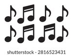 Grid of black musical notation icons. Eighth notes and beamed sixteenth notes. Repeating song elements set.