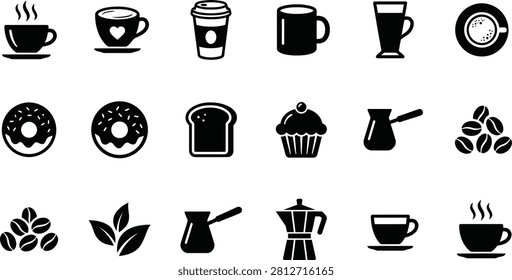 A grid of black on a white background, depicting various coffee-related and pastries. coffee, cup, mug. collection of black coffee and pastry including cups, donuts, bread, and...
