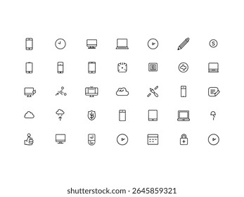 A grid of black outline icons on a white background