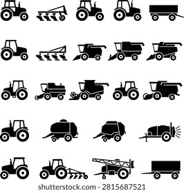A grid of black silhouette depicting various agricultural machines including tractors, combine harvesters, plows, trailers, and sprayers.