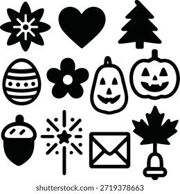 Una cuadrícula de iconos de silueta negra que representan varias fiestas y estaciones, incluido un árbol de Navidad, huevo de Pascua, calabazas, bellota, hoja de arce, campana, bengala, sobre, flor y corazón.