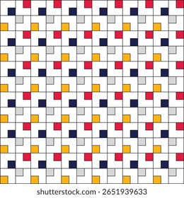 Grade de quadrados pretos sobre um fundo branco, com pequenos quadrados coloridos em azul-marinho escuro, vermelho, cinza e amarelo