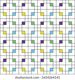 Grid of black squares on a white background, with small squares coloured in neon blue, green, yellow and purple