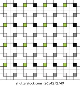 Grade de quadrados pretos sobre um fundo branco, com pequenos quadrados coloridos em verde fluorescente, cinza, preto e branco