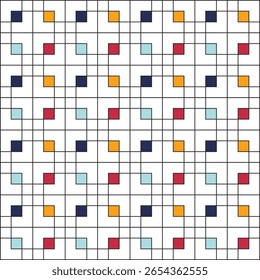 Grid of black squares on a white background, with small squares coloured in navy blue, gold, red and pale blue