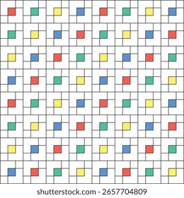 Grade de quadrados pretos sobre fundo branco, com pequenos quadrados coloridos em coral profundo, verde-água, amarelo e azul