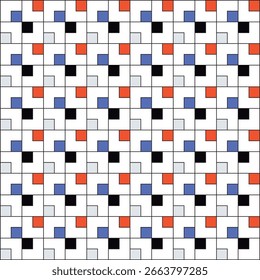 Cuadrícula de cuadrados negros sobre un fondo blanco, con cuadrados Pequeños de color azul, naranja, negro y gris