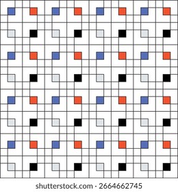 Cuadrícula de cuadrados negros sobre un fondo blanco, con cuadrados Pequeños de color azul, naranja, negro y gris