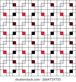 Grid of black squares on a white background, with small squares coloured in pale grey, red, burgundy and black