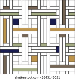 Grade de linhas verticais e horizontais pretas sobre fundo branco, com quadrados e retângulos selecionados coloridos em ouro, verde sábio, cinza e azul-marinho
