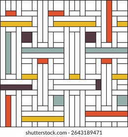 Grid of black vertical and horizontal lines on a white background, with selected squares and rectangles coloured in orange; yellow; blue-grey; and dark brown